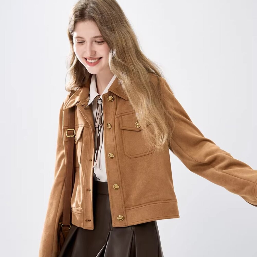 CHIO SHUI Marron Suede-Look Cropped Utility Jacket NWT - Picture 2 of 6